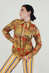 vintage flower print button up blouse front