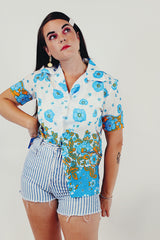 blue gold vintage floral top front tucked in