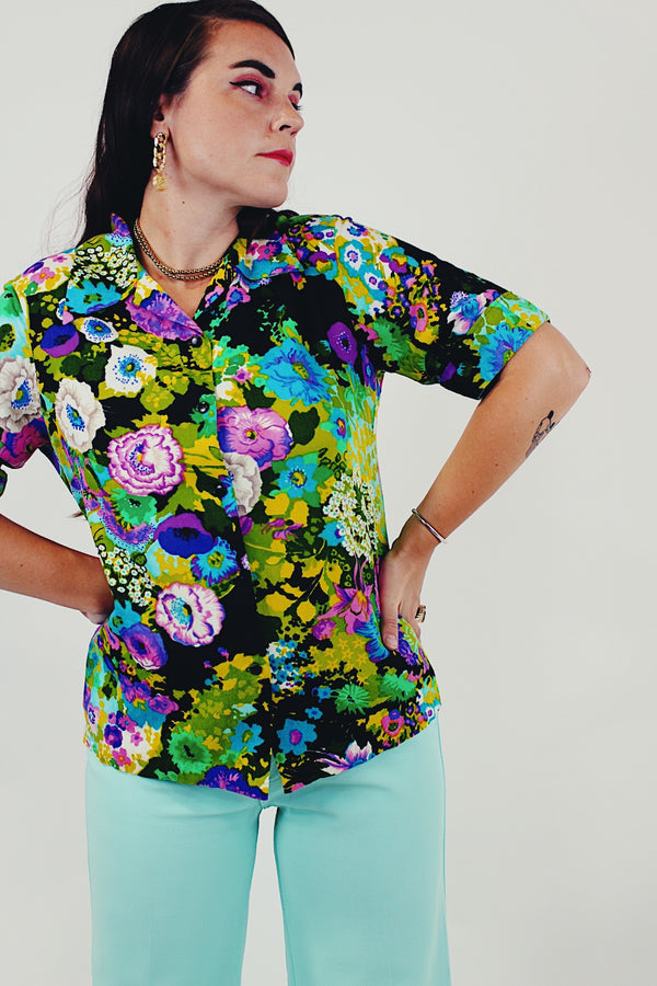 vintage black neon short sleeve button up blouse