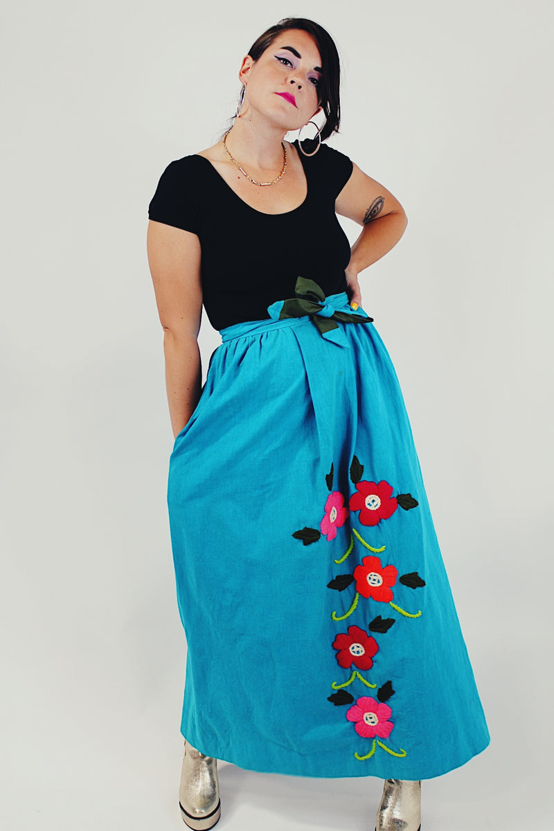 Retro Embroidered Maxi Wrap Skirt