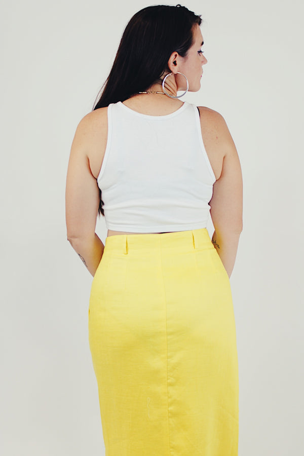 yellow vintage button up midi skirt back