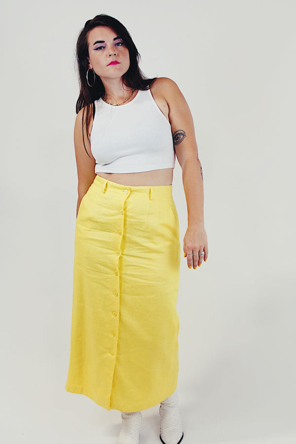 yellow vintage button up midi skirt