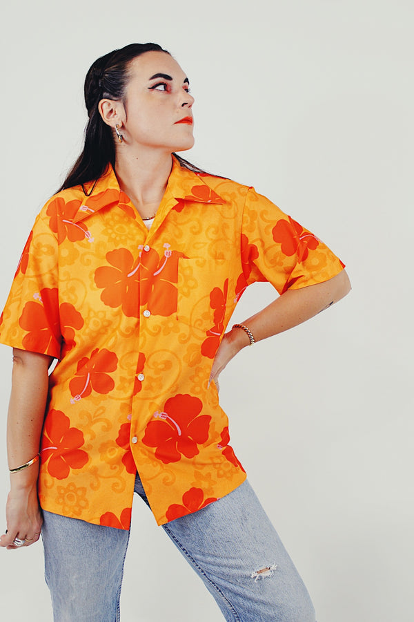 orange vintage Hawaiian button up front