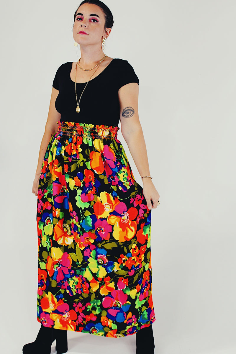 Vibrant floral printed maxi skirt front