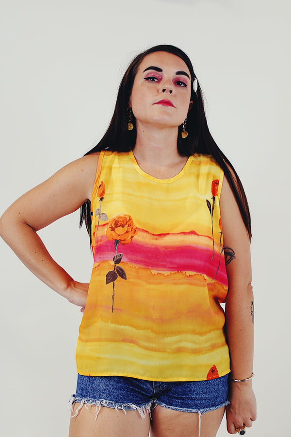 yellow vintage rose printed top front