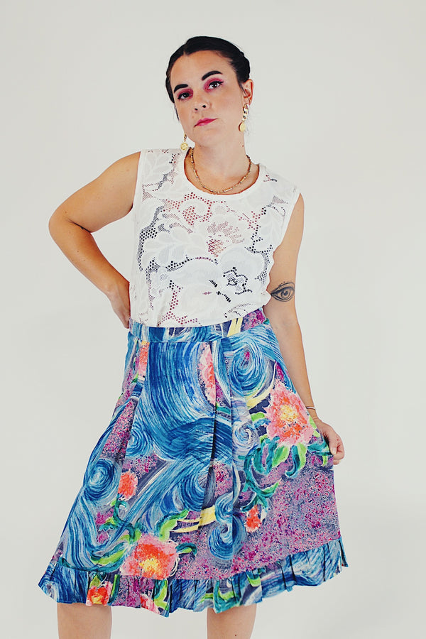 vibrant vintage midi skirt with ruffle bottom front