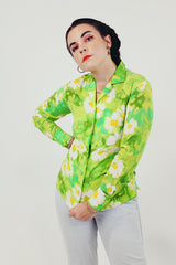 Green daisy print vintage blouse side