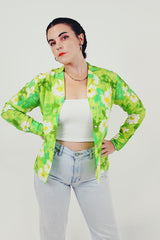 Green daisy print vintage blouse open front