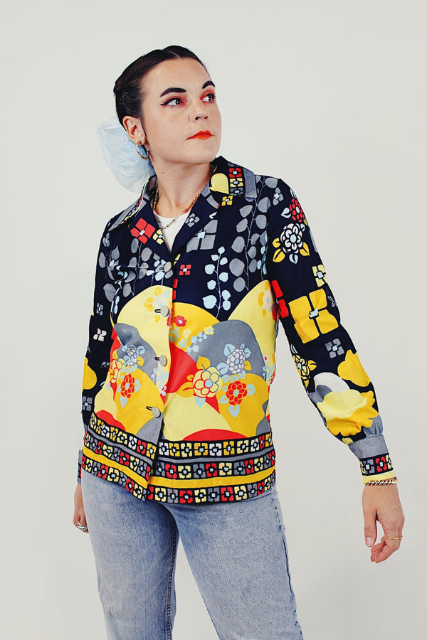 printed colorful vintage button up blouse