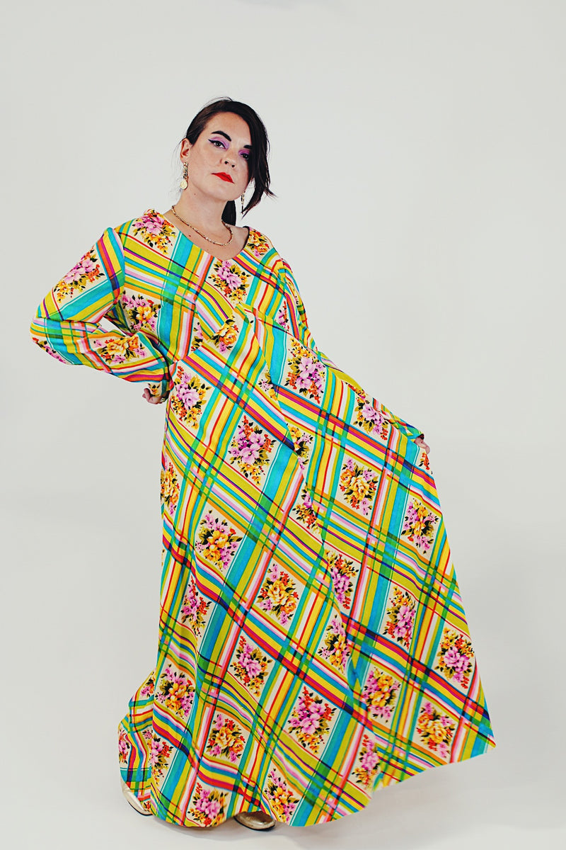colorful vintage floral maxi dress front