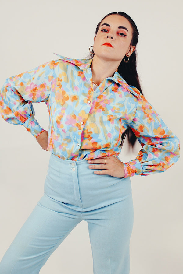 retro pastel vintage button up blouse front