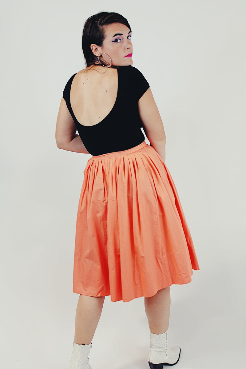 orange retro pleated midi skirt back