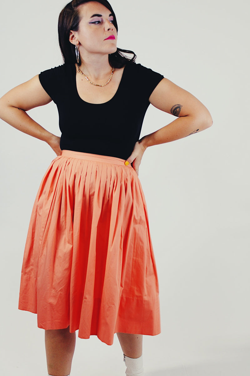 orange retro pleated midi skirt front