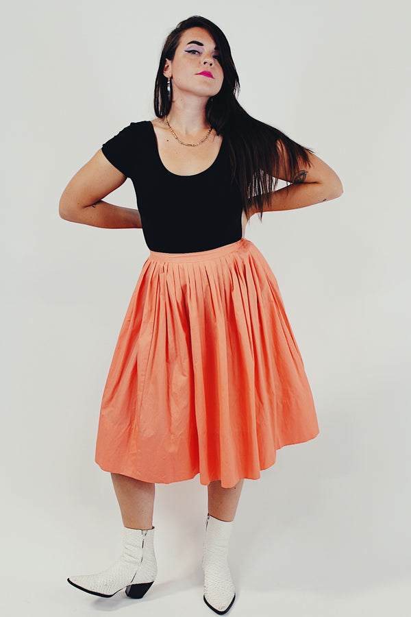 orange retro pleated midi skirt front