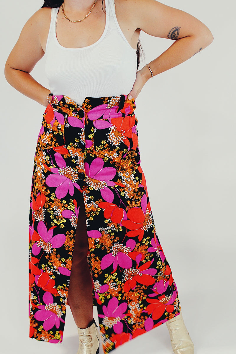 Floral Printed Half Button Maxi Skirt Front