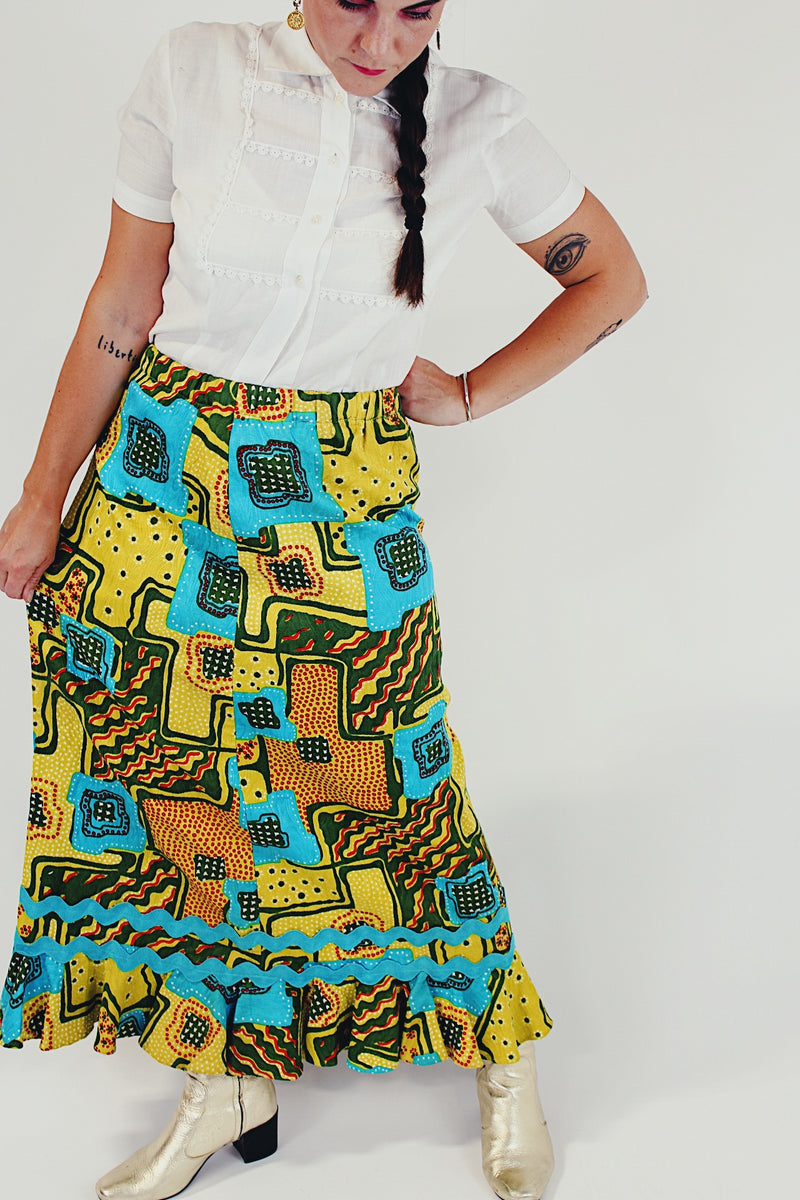 patch sewn vintage maxi skirt front