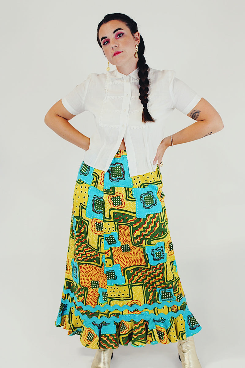 vintage printed maxi skirt with ruffle bottom front