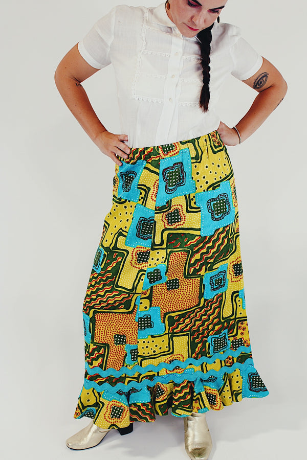 printed vintage maxi skirt with ruffle bottom