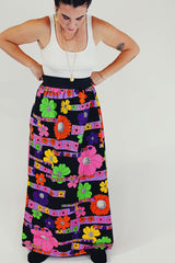 floral printed maxi skirt front closeup