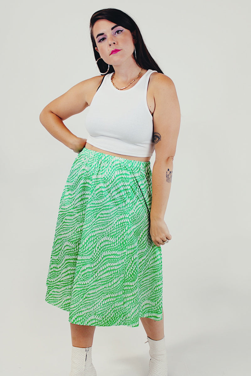 Green white printed vintage skirt front