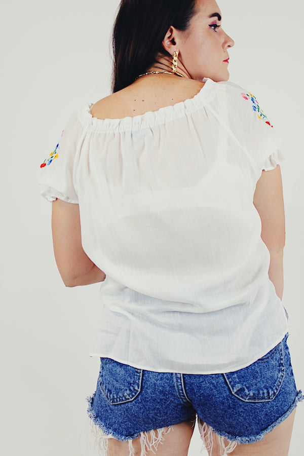 White Embroidered Puff Sleeve Blouse Back