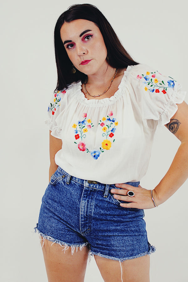 White Embroidered Puff Sleeve Blouse Front