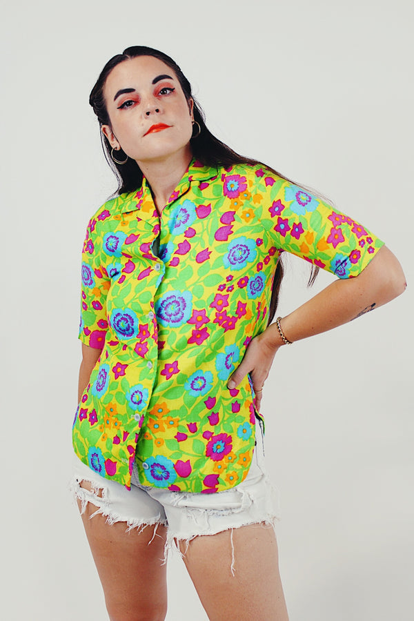 retro floral printed short sleeve blouse 