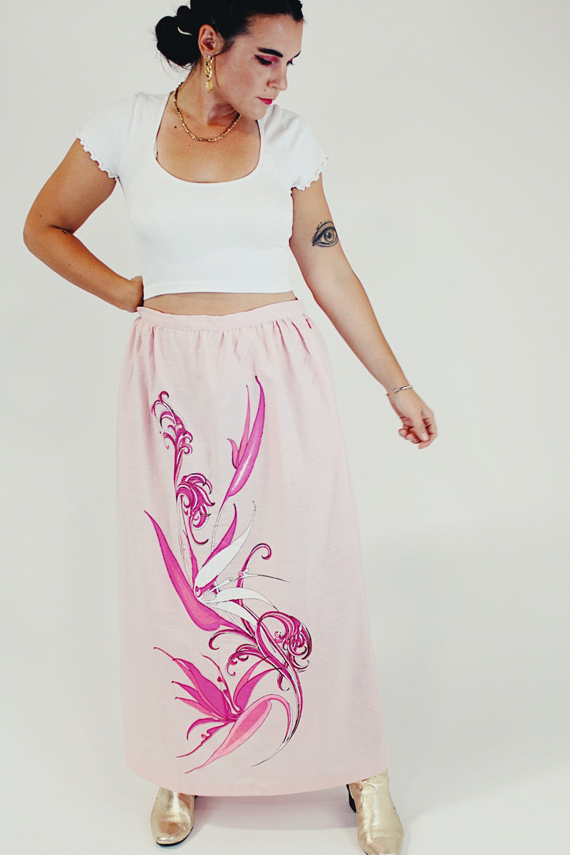 pink vintage painted graphic maxi skirt