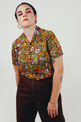 vintage short sleeve floral print half button blouse