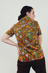 vintage short sleeve floral print half button blouse back