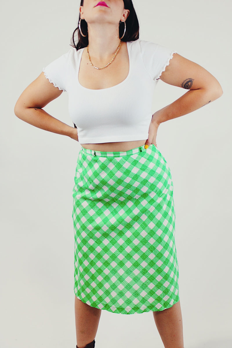 Green checkered seersucker midi skirt front
