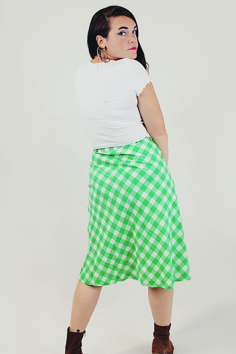 Green checkered seersucker midi skirt back
