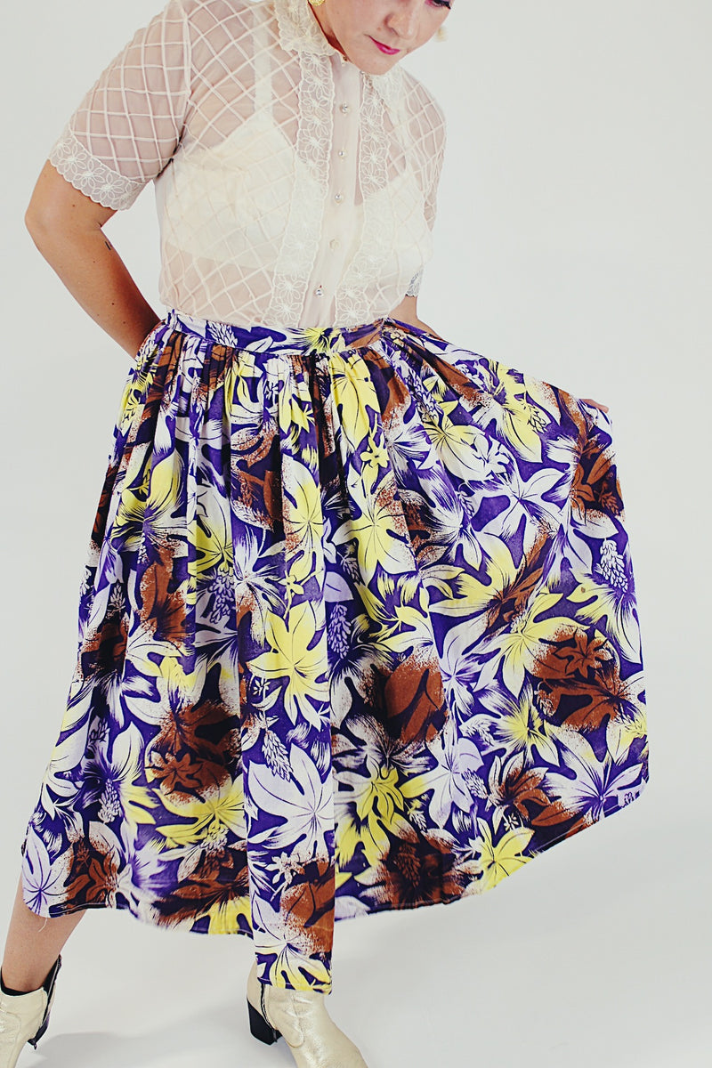Hawaiian Floral Print Pleasted Midi Skirt