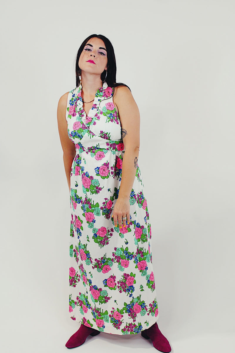 vintage sleeveless white pink floral maxi dress front