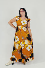 Ruffle sleeve yellow Hawaiian print maxi dress