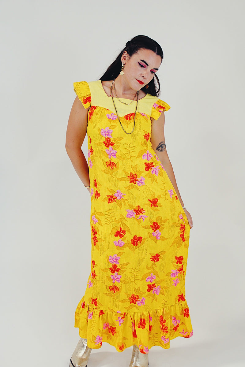 Yellow floral printed maxi dress front