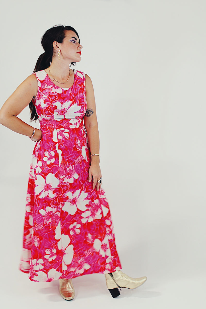 vintage pink floral maxi dress front
