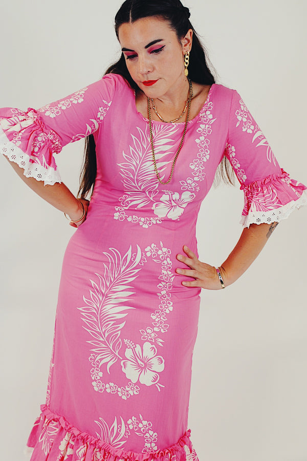 pink vintage Hawaiian print dress with ruffles front