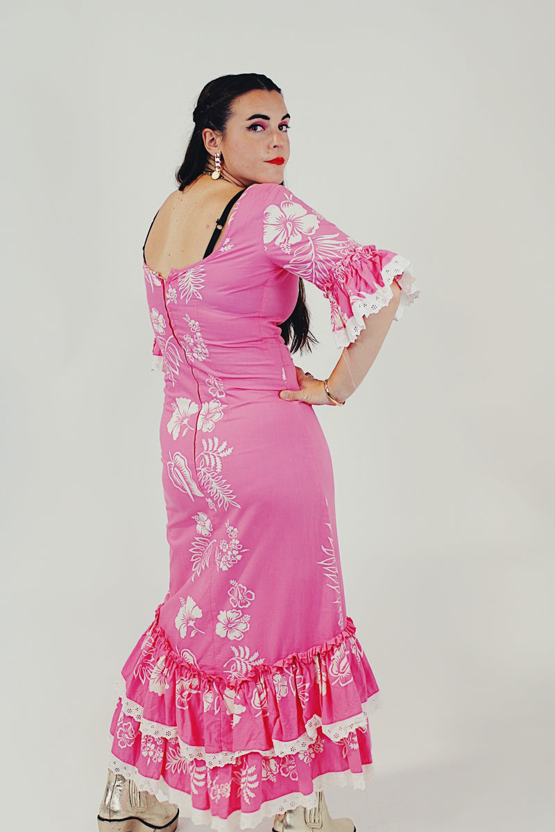 pink retro Hawaiian print dress back