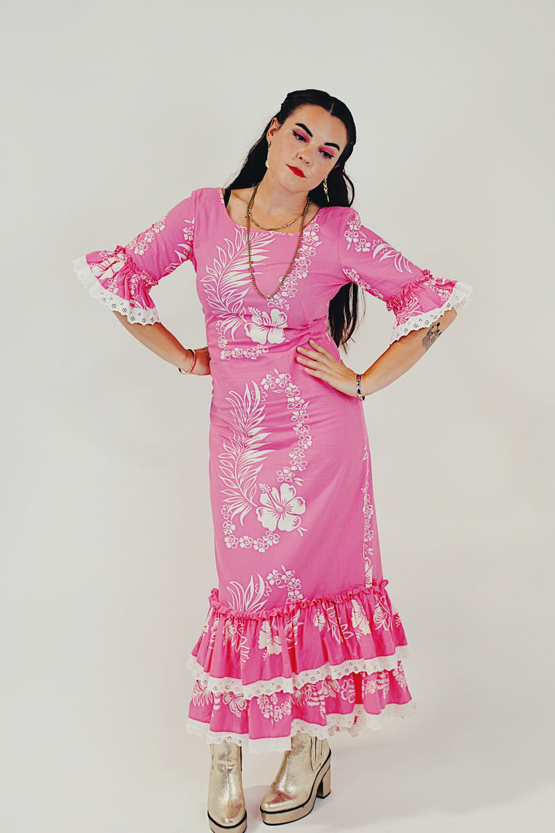 pink vintage Hawaiian print dress with ruffles