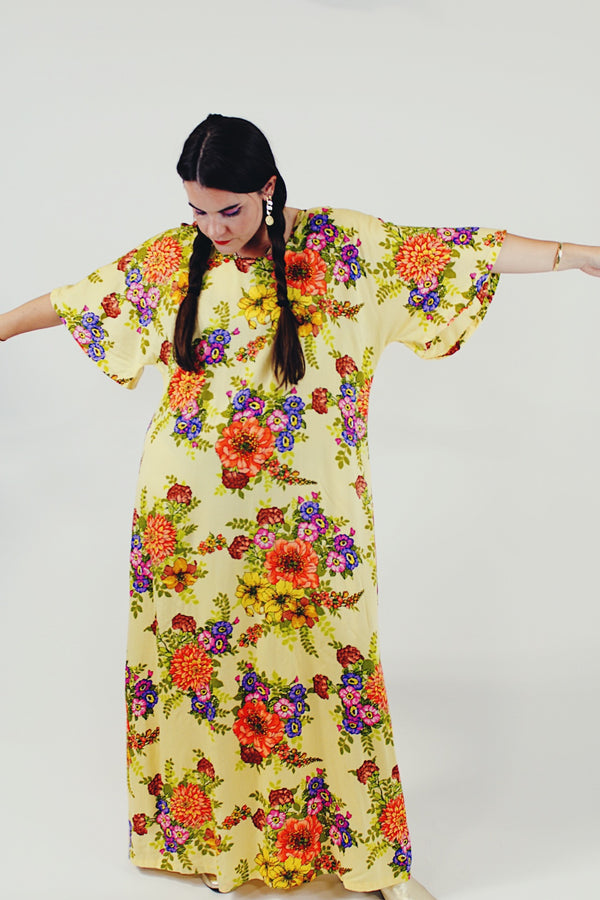 yellow red floral maxi dress with bell sleeves front