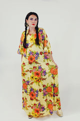 yellow red floral maxi dress with bell sleeves front