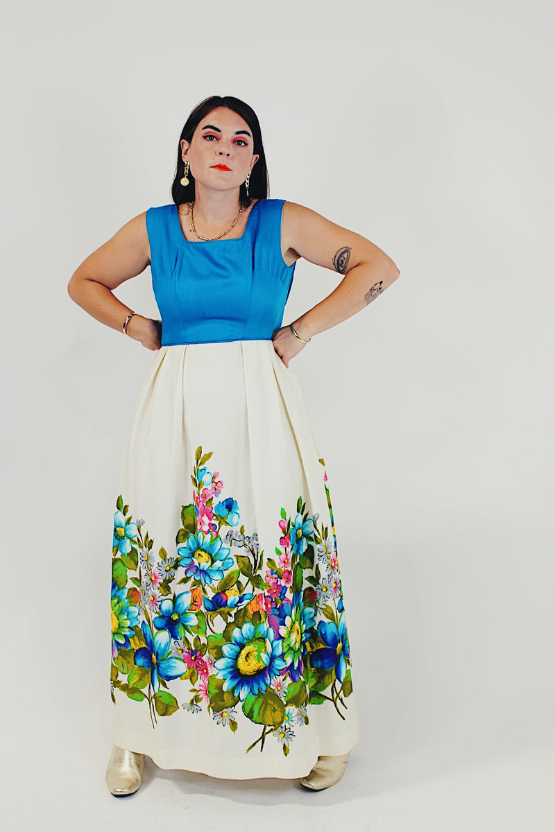 vintage sleeveless long dress with floral skirt