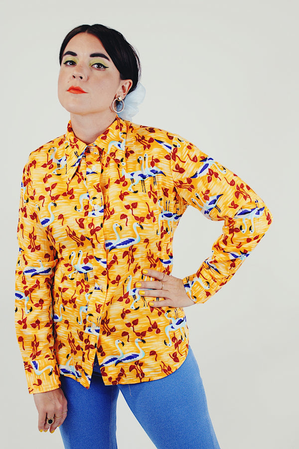 Bird print yellow button up front