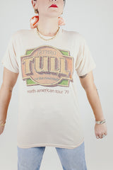 short sleeve vintage 1979 jethro tull t-shirt with graphic on the front light peach color