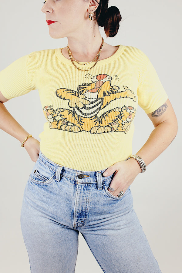 short sleeve yellow waffle knit vintage tee with cartoon tiger graphic