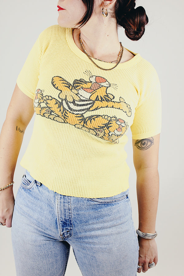 short sleeve yellow waffle knit vintage tee with cartoon tiger graphic