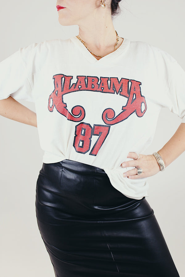 white with red text vintage 1987 alabama band tee graphic on front and back