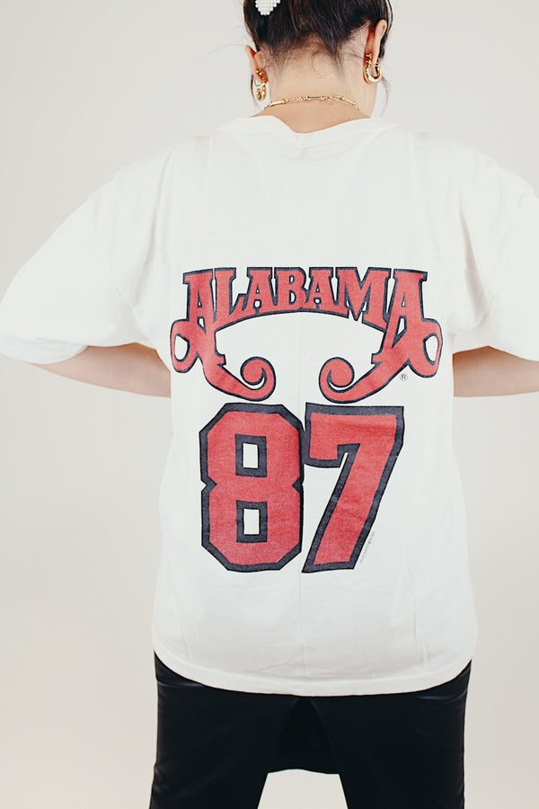 white with red text vintage 1987 alabama band tee graphic on front and back