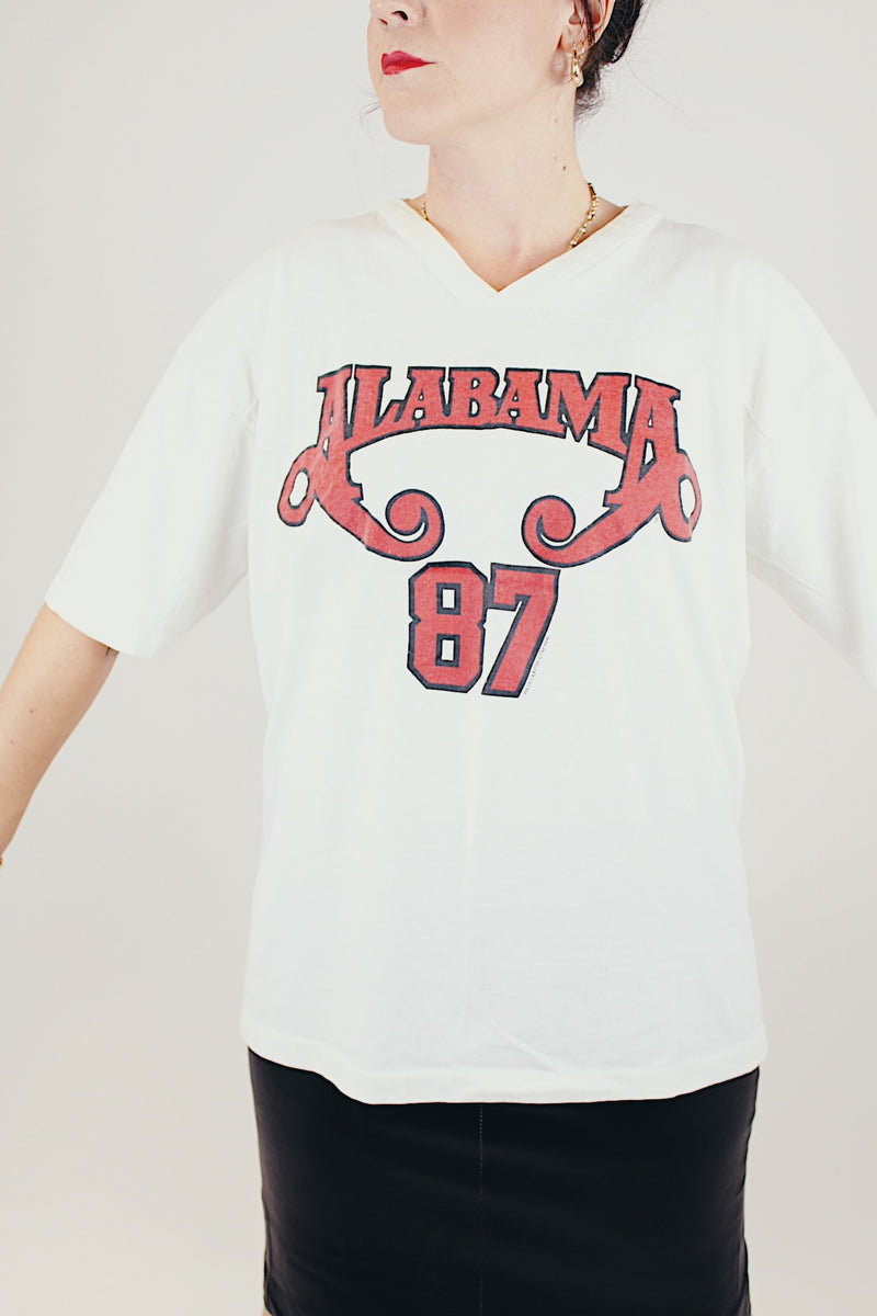 white with red text vintage 1987 alabama band tee graphic on front and back